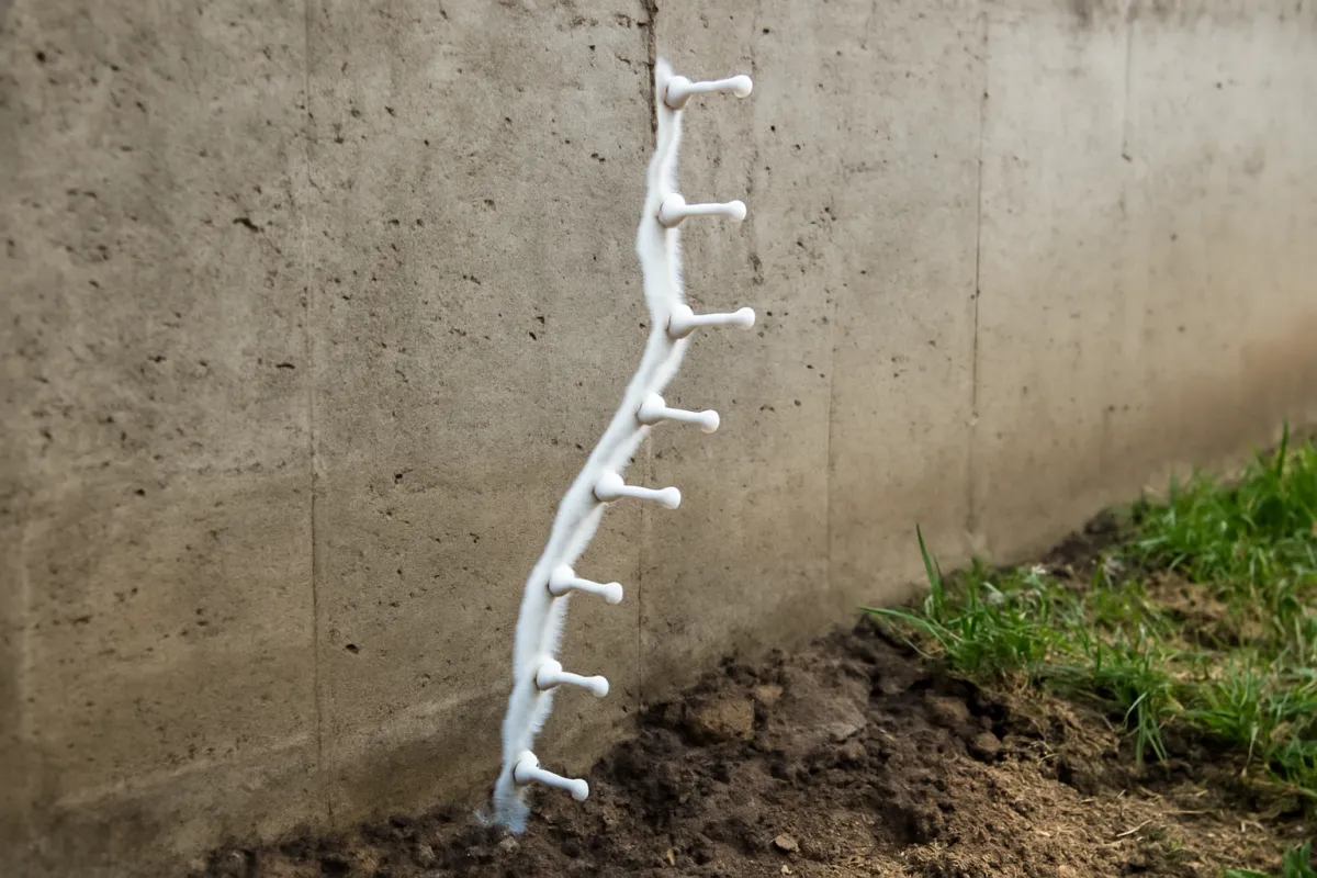 A vertical crack in a concrete foundation wall fitted with a row of white injection ports from top to bottom, with bare soil and grass at the base of the wall