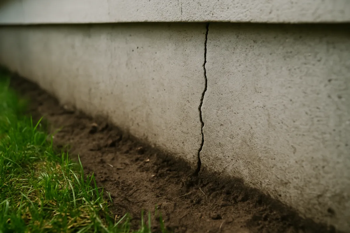 A close-up vertical crack running down the outside face of a light grey concrete foundation wall below a house's siding, with bare soil and grass at the base