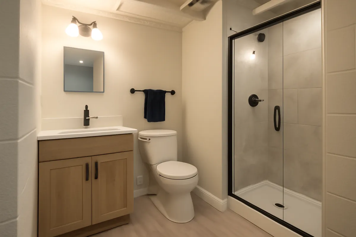 A finished bathroom with a wood vanity, a toilet and a curbless glass-walled shower enclosure with tiled walls, lit by a wall sconce above the mirror