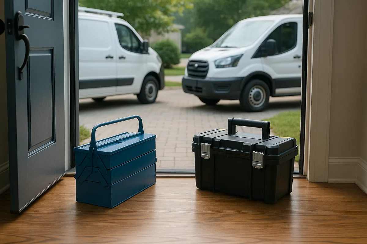 Two white contractor work vans parked on a brick paver driveway outside a home, viewed from an open front door with two toolboxes resting on the threshold