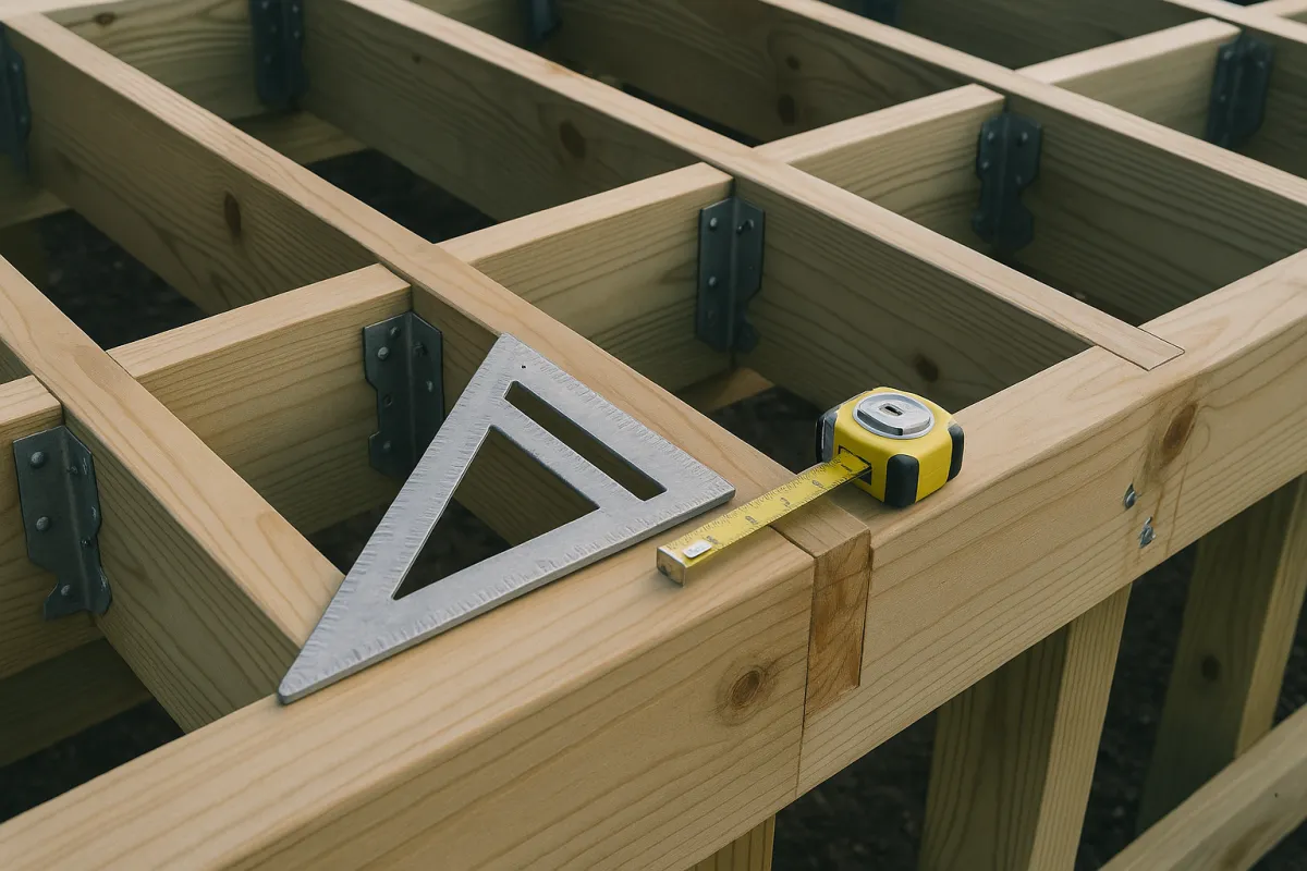 Wood floor joists forming a framed grid with metal hangers, a triangular framing square and a yellow tape measure resting on a corner beam, on a construction site