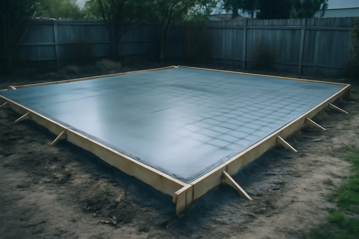 A freshly poured concrete slab inside wooden forms in a backyard, wire mesh reinforcement visible beneath the wet surface, fenced yard in the background