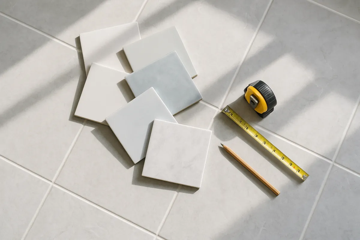 Six loose ceramic and porcelain floor tile samples in white, off-white and pale blue-gray arranged on a tiled floor next to a yellow tape measure and a pencil