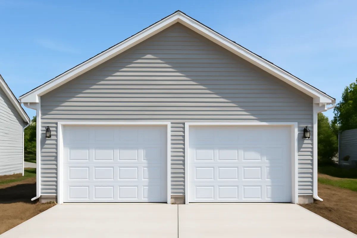 A detached two-car garage with light gray horizontal lap siding, two white raised-panel doors, and a wide concrete driveway