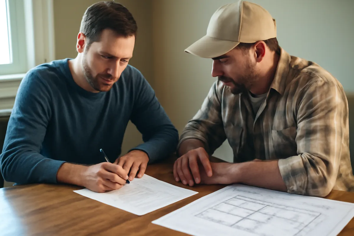 A homeowner with a pen poised over a printed document at a kitchen table while a contractor in a work shirt and cap leans in over a second sheet of drawings