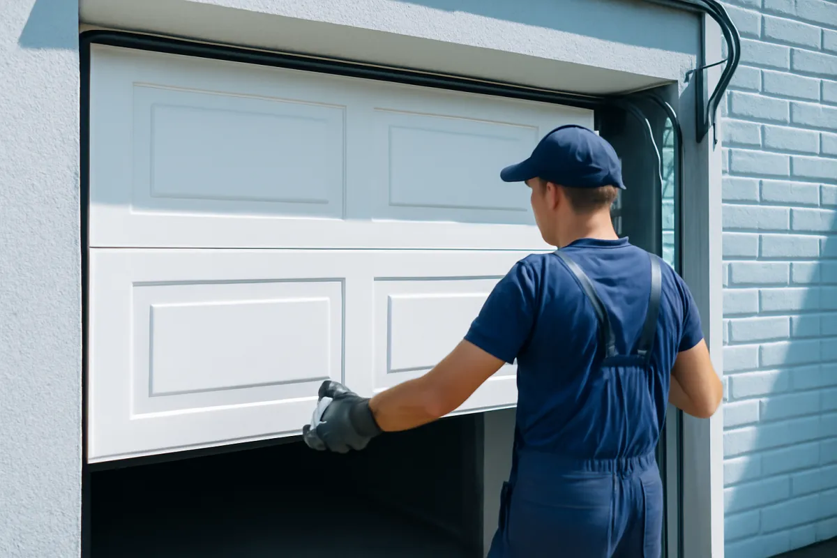 A worker in a dark blue cap and coveralls, one gloved hand under the bottom edge of a white raised panel garage door, standing at a partly open garage entrance in a pale stucco and painted brick wall