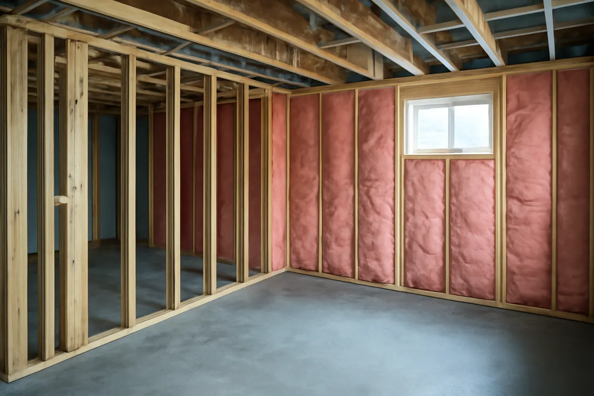 An unfinished interior with light wood stud framing, one wall filled with pink paper faced insulation batts around a small window, exposed joists overhead and a bare concrete floor