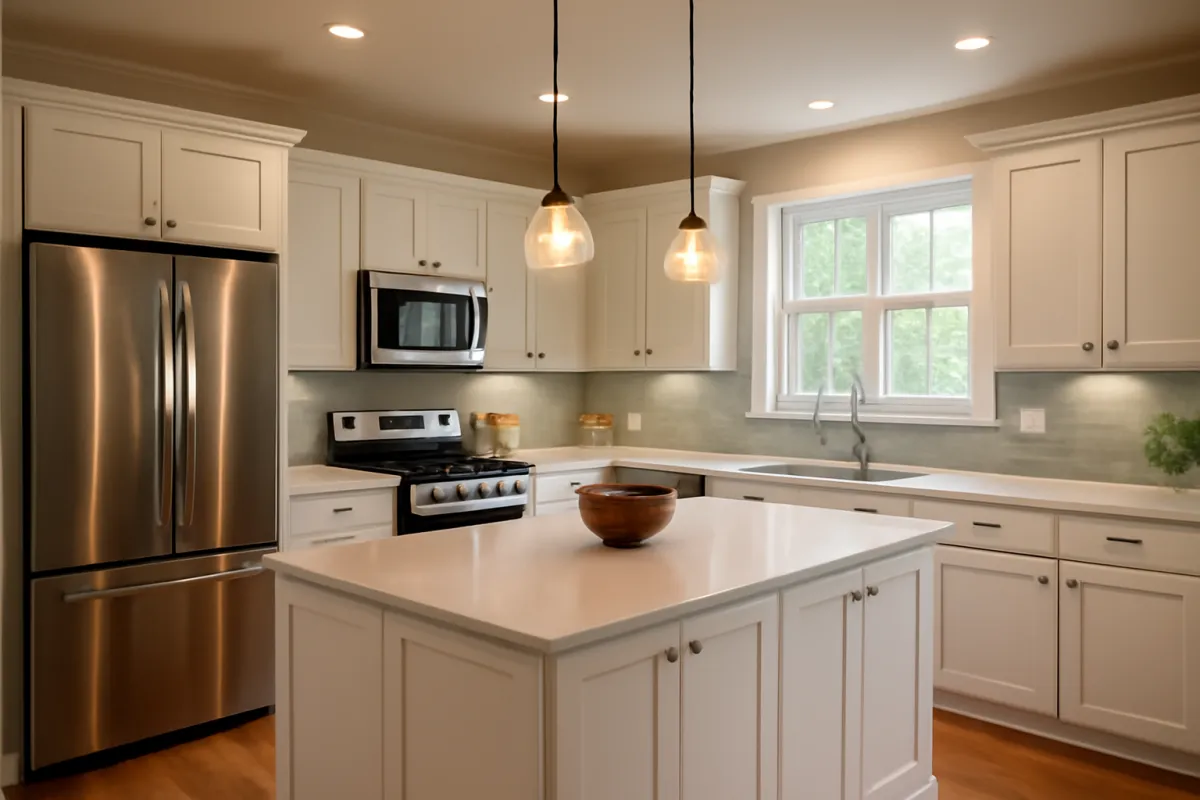 A finished kitchen with light cabinets, an island, a range, a microwave above it and a refrigerator, lit by a window and two hanging pendant lights